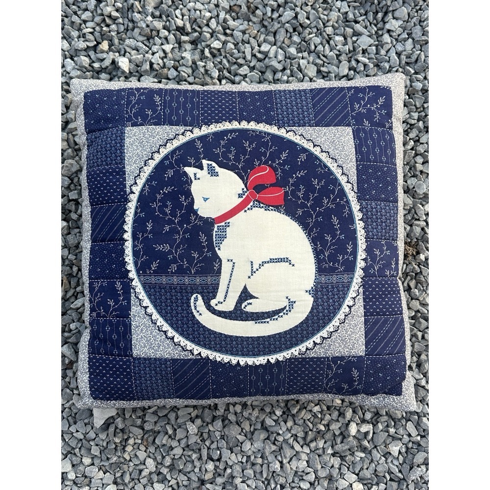 VTG Handmade Cat Throw Pillow Cranston Print Retro Blue Kitten Decorative Fabric